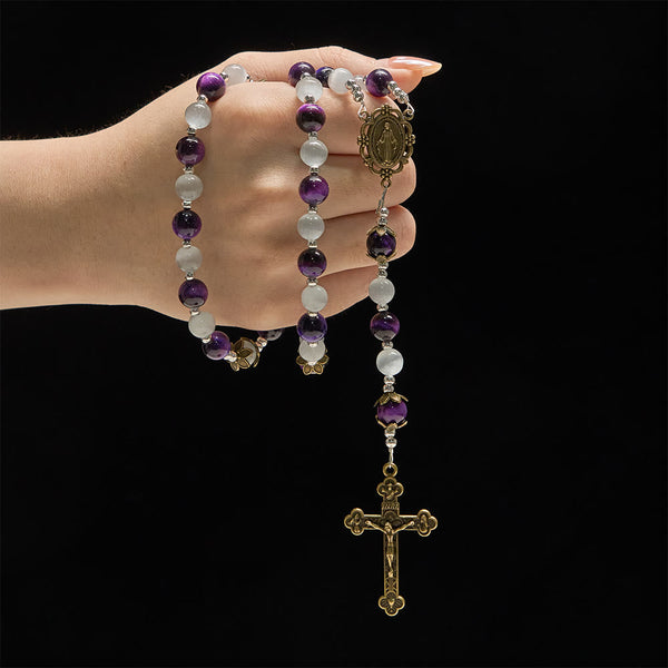 Cat's Eye Beaded Rosary with Mary Medal: A Symbol of Divine Guidance & Faith