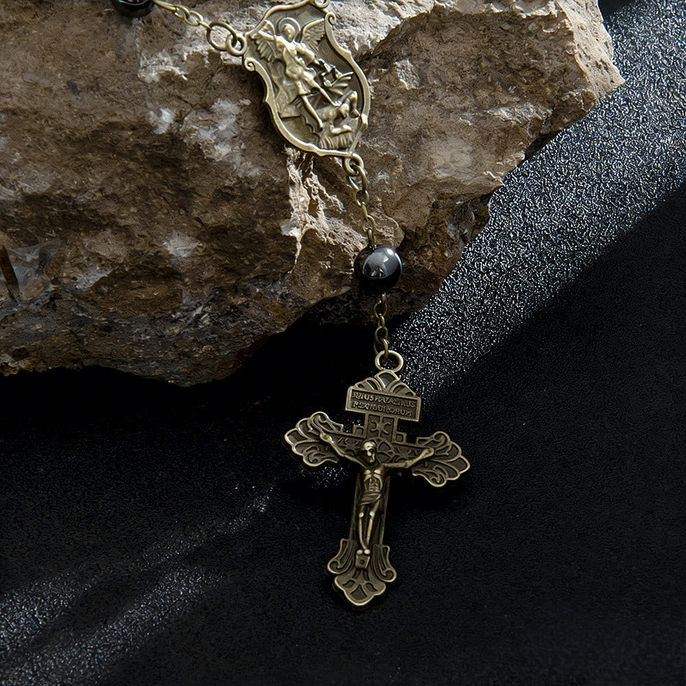 Hematite Bead Car Pendant with St. Michael Medal & Crucifix: A Gift of Heavenly Protection & Strength