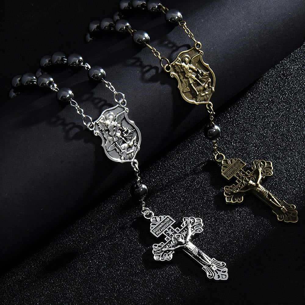 Hematite Bead Car Pendant with St. Michael Medal & Crucifix: A Gift of Heavenly Protection & Strength