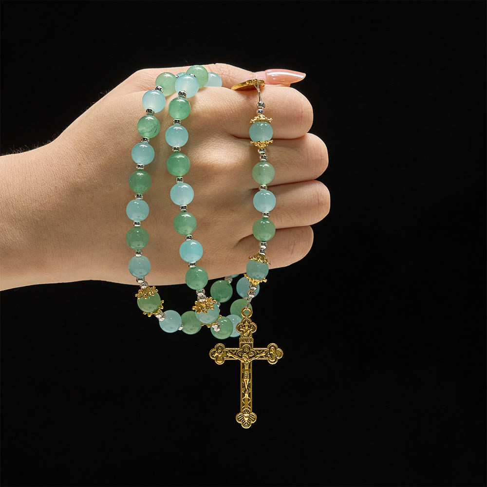 Aventurine & Aquamarine-Hued Glass Rosary with Our Lady Medal & Ornate Crucifix