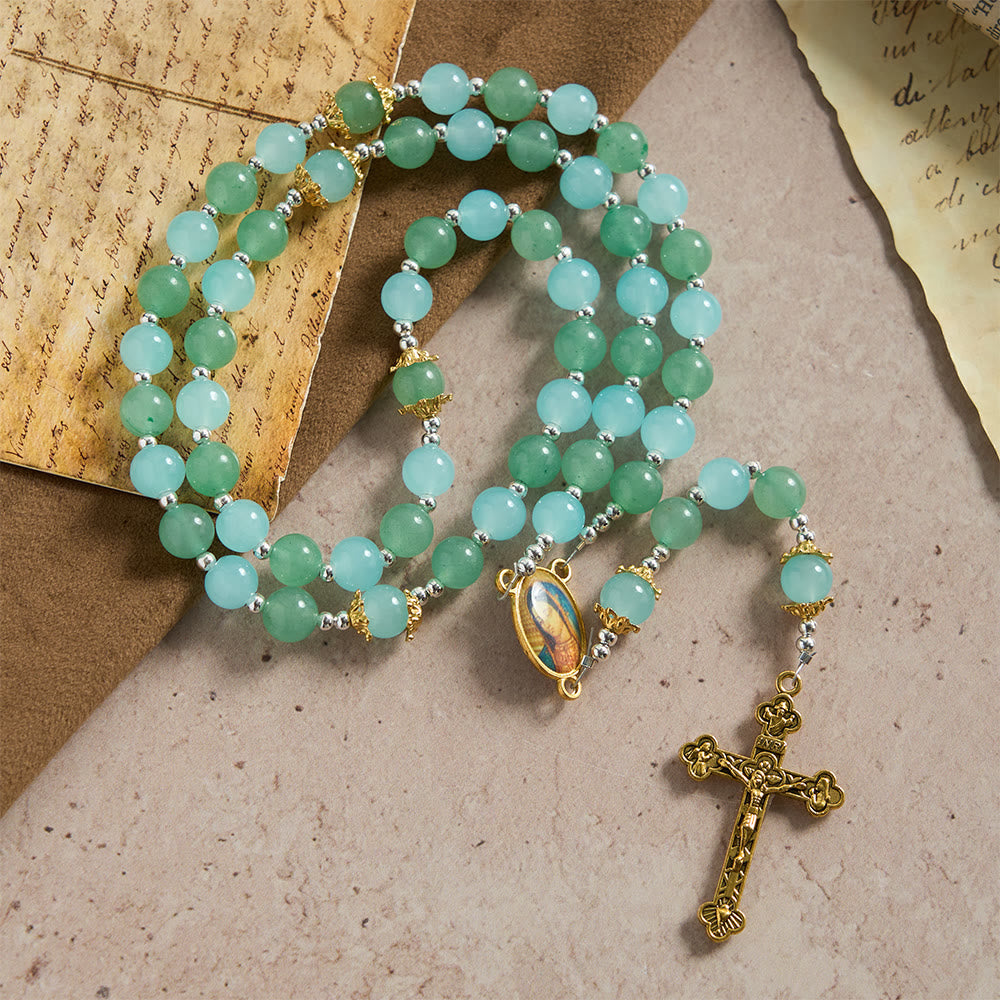 Aventurine & Aquamarine-Hued Glass Rosary with Our Lady Medal & Ornate Crucifix