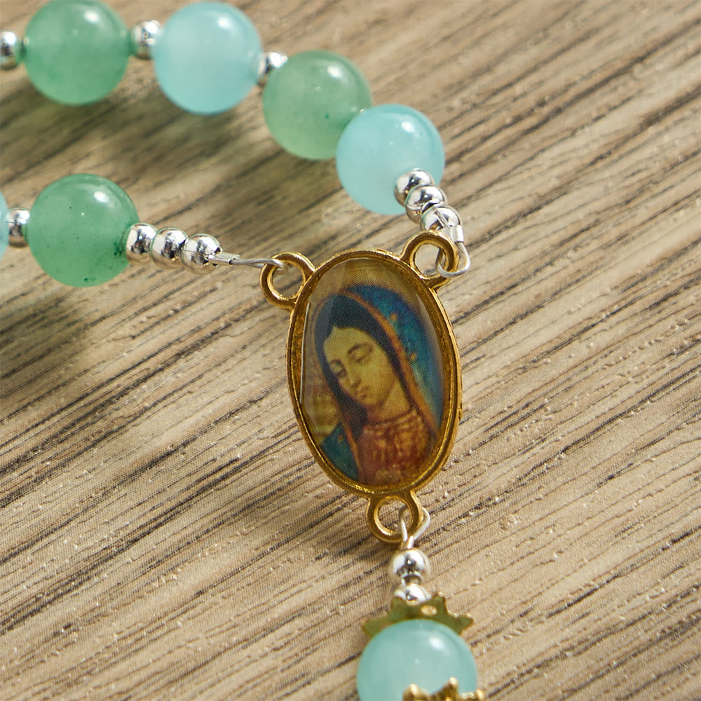 Aventurine & Aquamarine-Hued Glass Rosary with Our Lady Medal & Ornate Crucifix