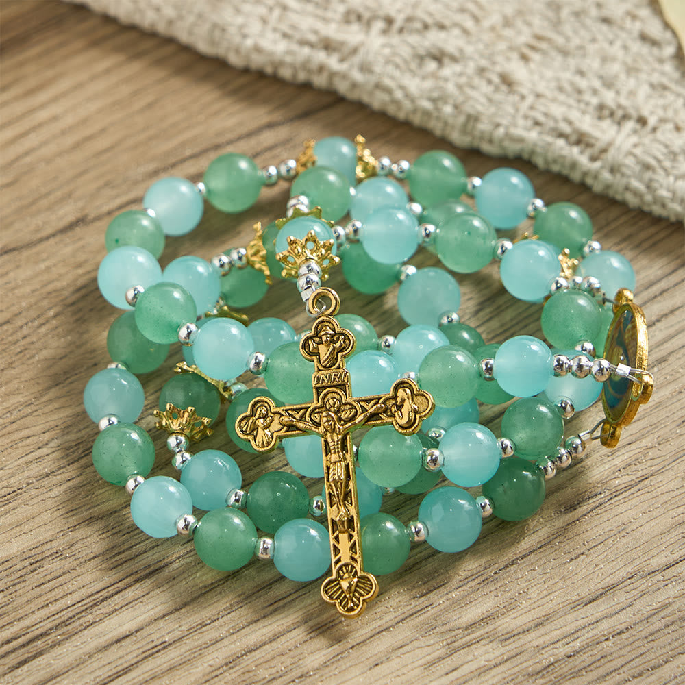 Aventurine & Aquamarine-Hued Glass Rosary with Our Lady Medal & Ornate Crucifix