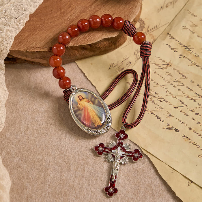 Divine Mercy Guardian Pocket Rosary with Natural Red Agate Beads