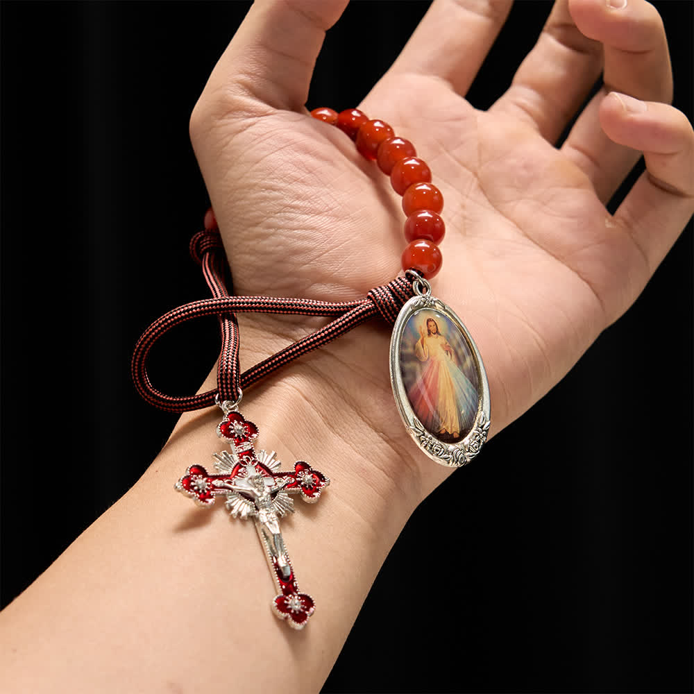 Divine Mercy Guardian Pocket Rosary with Natural Red Agate Beads