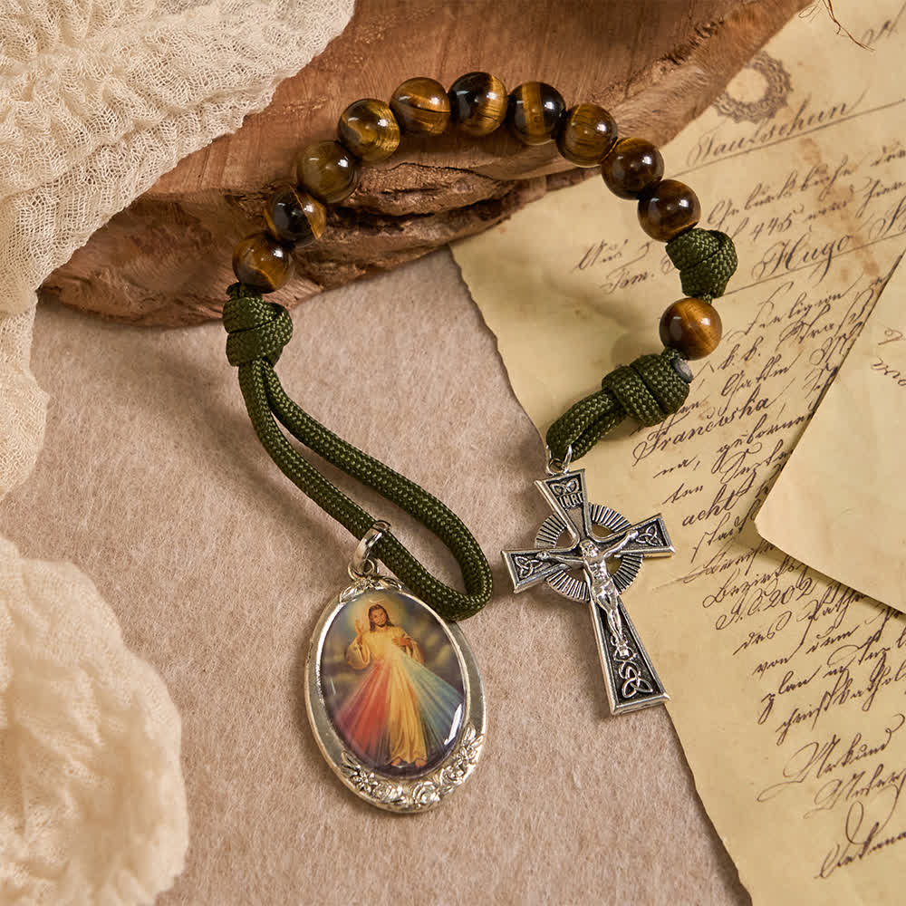 Tiger Eye Pocket Rosary with Divine Mercy: Courage & Faith with Paracord Design