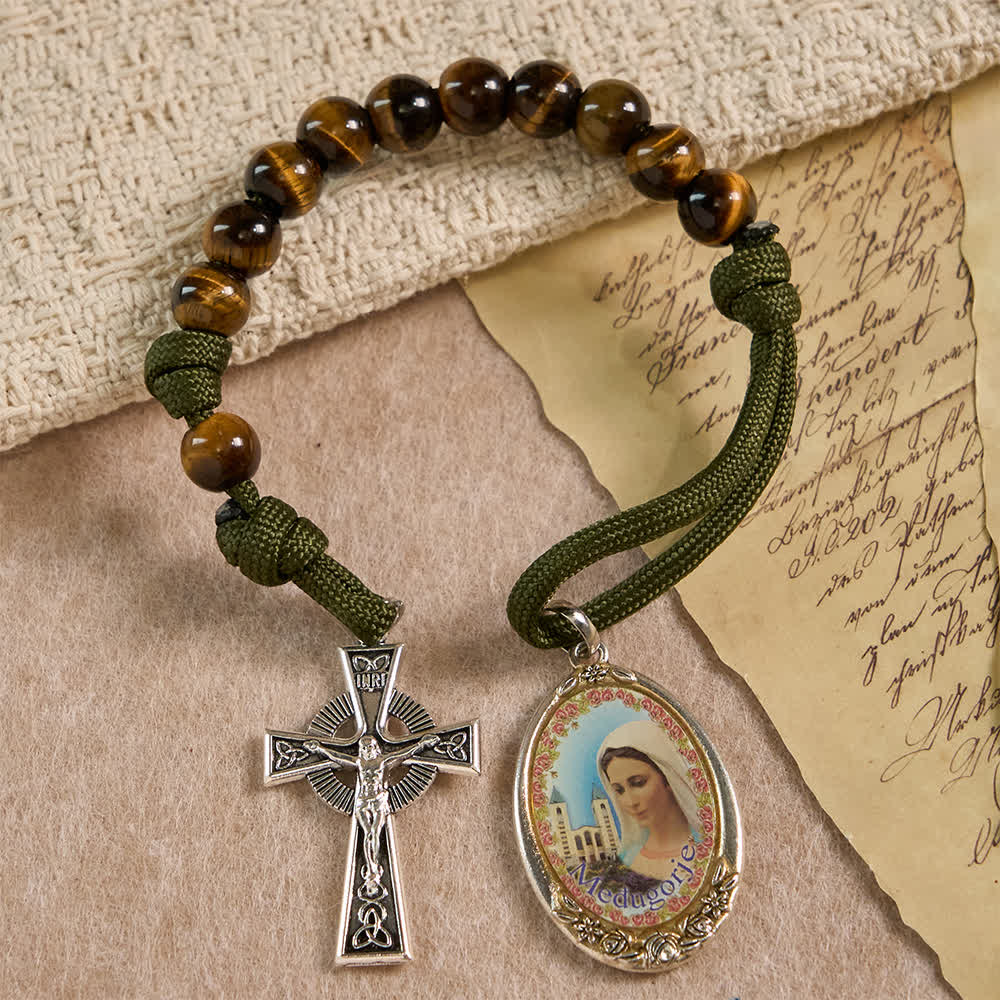 Tiger Eye Pocket Rosary with Divine Mercy: Courage & Faith with Paracord Design