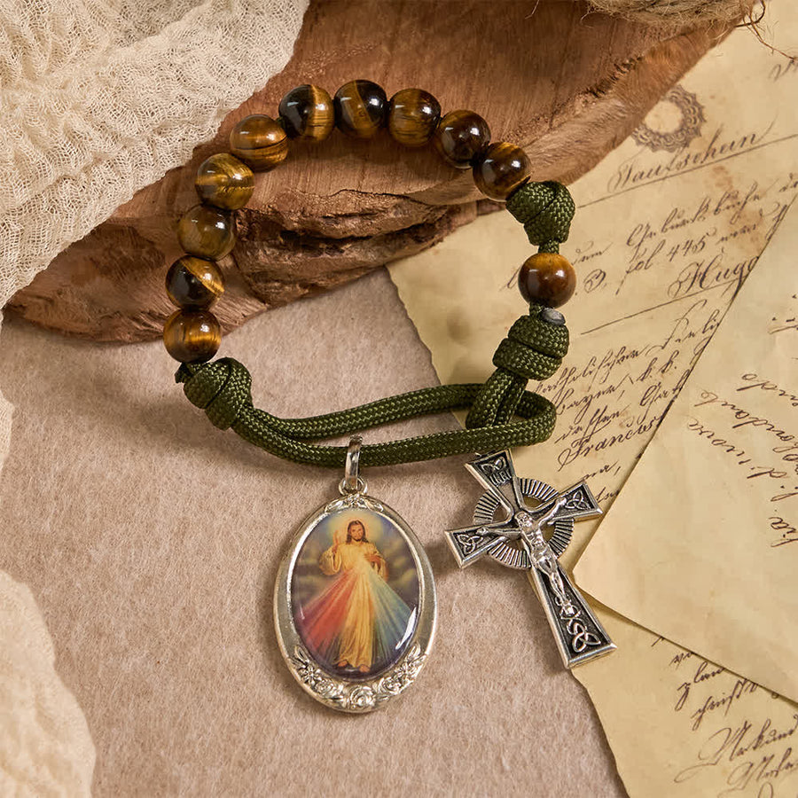 Tiger Eye Pocket Rosary with Divine Mercy: Courage & Faith with Paracord Design