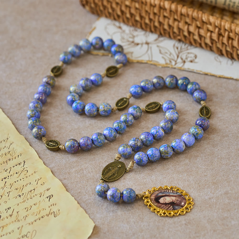 Blessed Our Lady Seven Sorrows Rosary with Purple Blue Oil-Paint Beads & Our Lady Medal