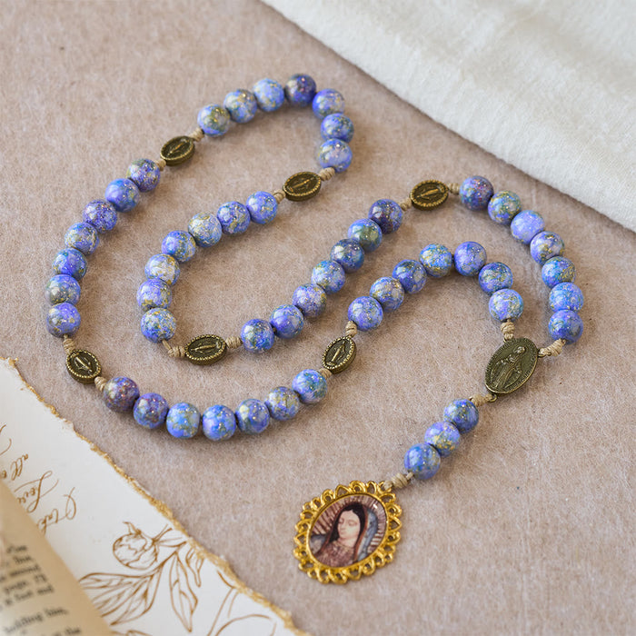 Blessed Our Lady Seven Sorrows Rosary with Purple Blue Oil-Paint Beads & Our Lady Medal