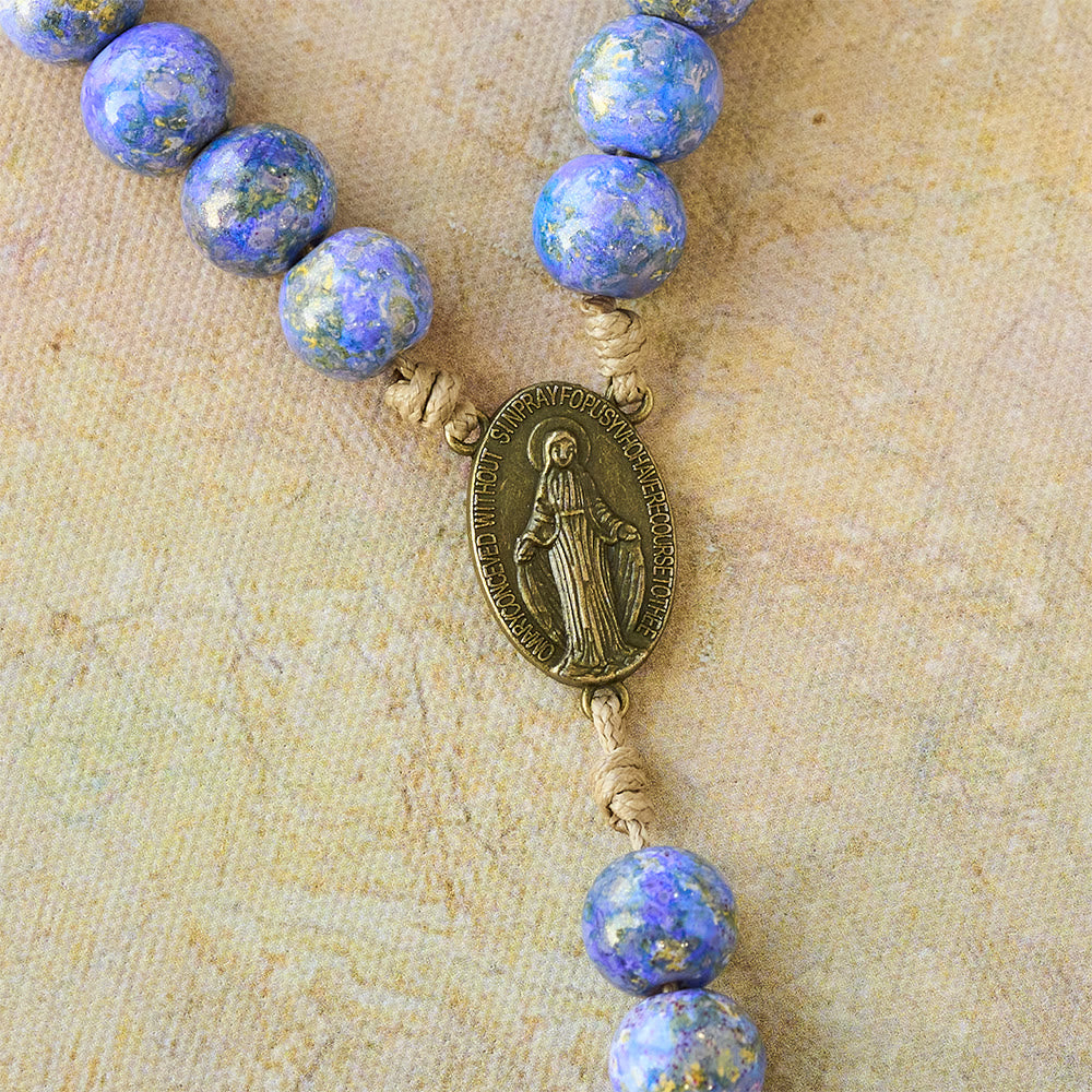 Blessed Our Lady Seven Sorrows Rosary with Purple Blue Oil-Paint Beads & Our Lady Medal