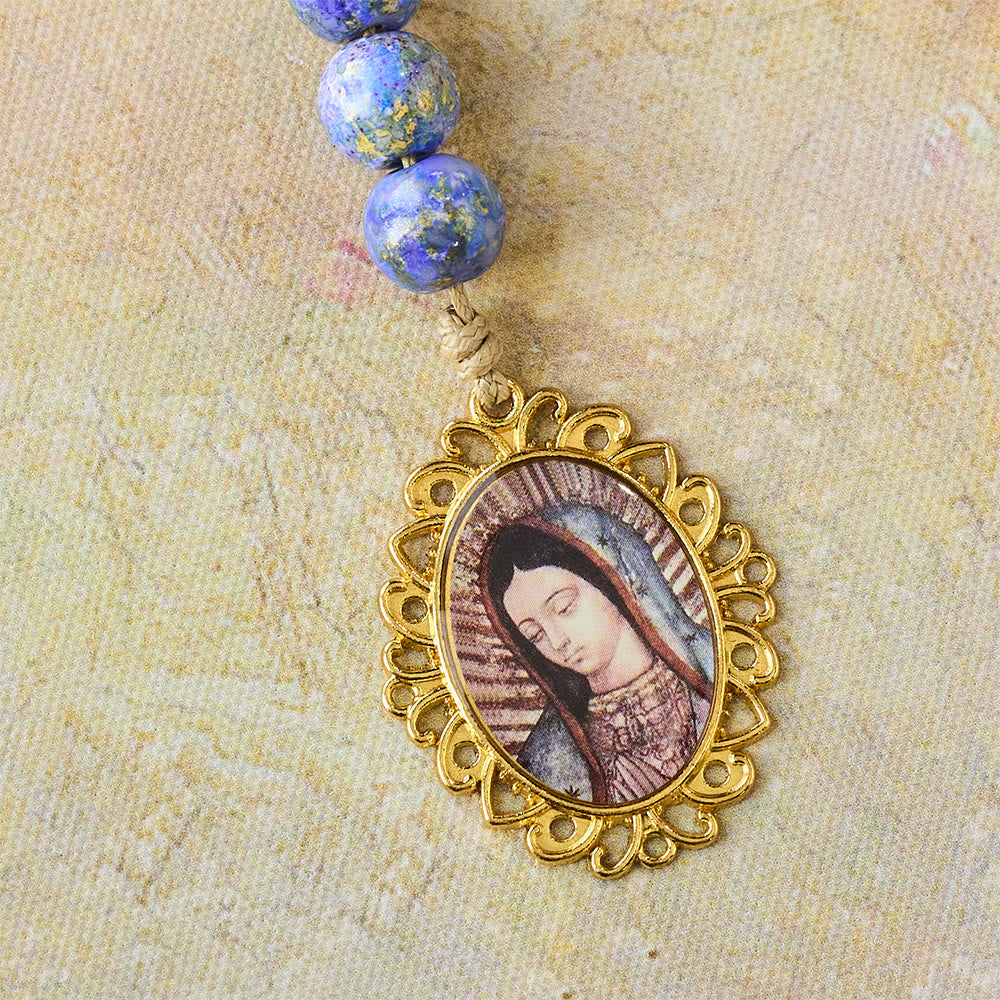 Blessed Our Lady Seven Sorrows Rosary with Purple Blue Oil-Paint Beads & Our Lady Medal