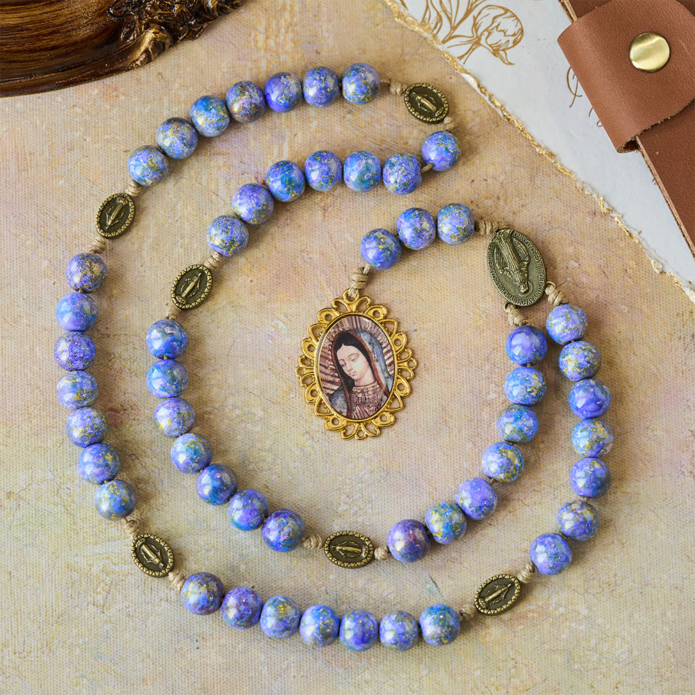 Blessed Our Lady Seven Sorrows Rosary with Purple Blue Oil-Paint Beads & Our Lady Medal