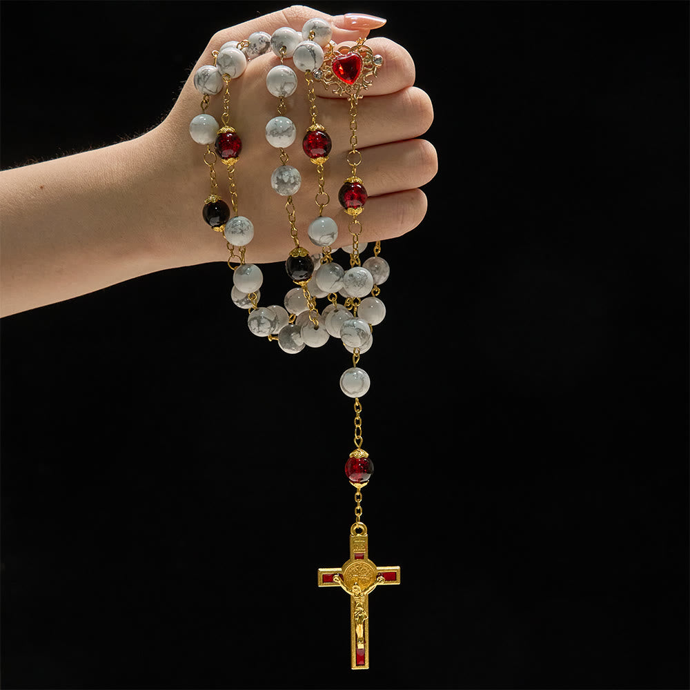White Turquoise Rosary with Red-Black Glass Bead Accents & Sacred Heart Crucifix