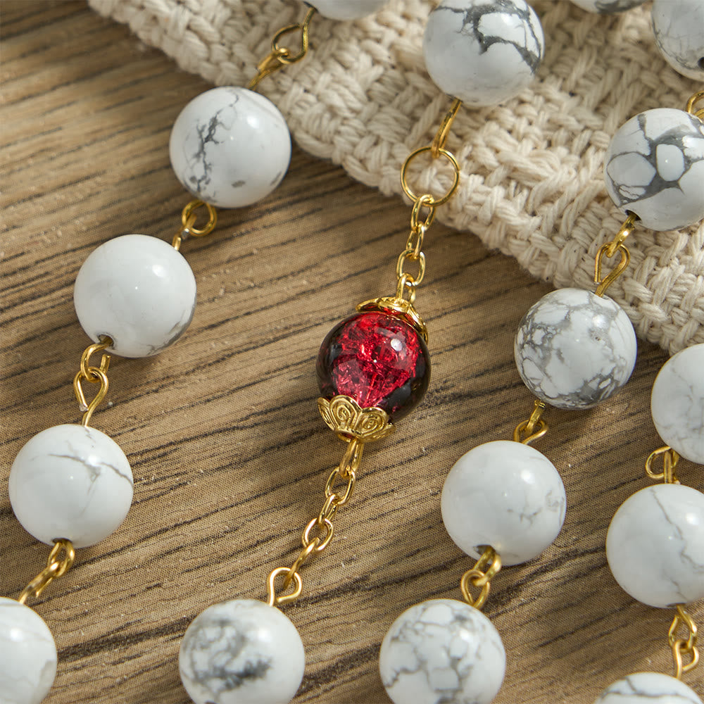 White Turquoise Rosary with Red-Black Glass Bead Accents & Sacred Heart Crucifix