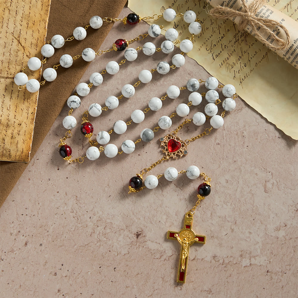 White Turquoise Rosary with Red-Black Glass Bead Accents & Sacred Heart Crucifix