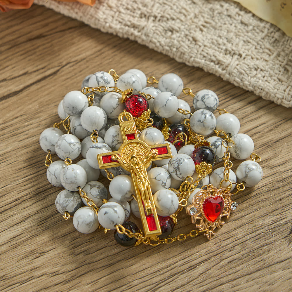White Turquoise Rosary with Red-Black Glass Bead Accents & Sacred Heart Crucifix