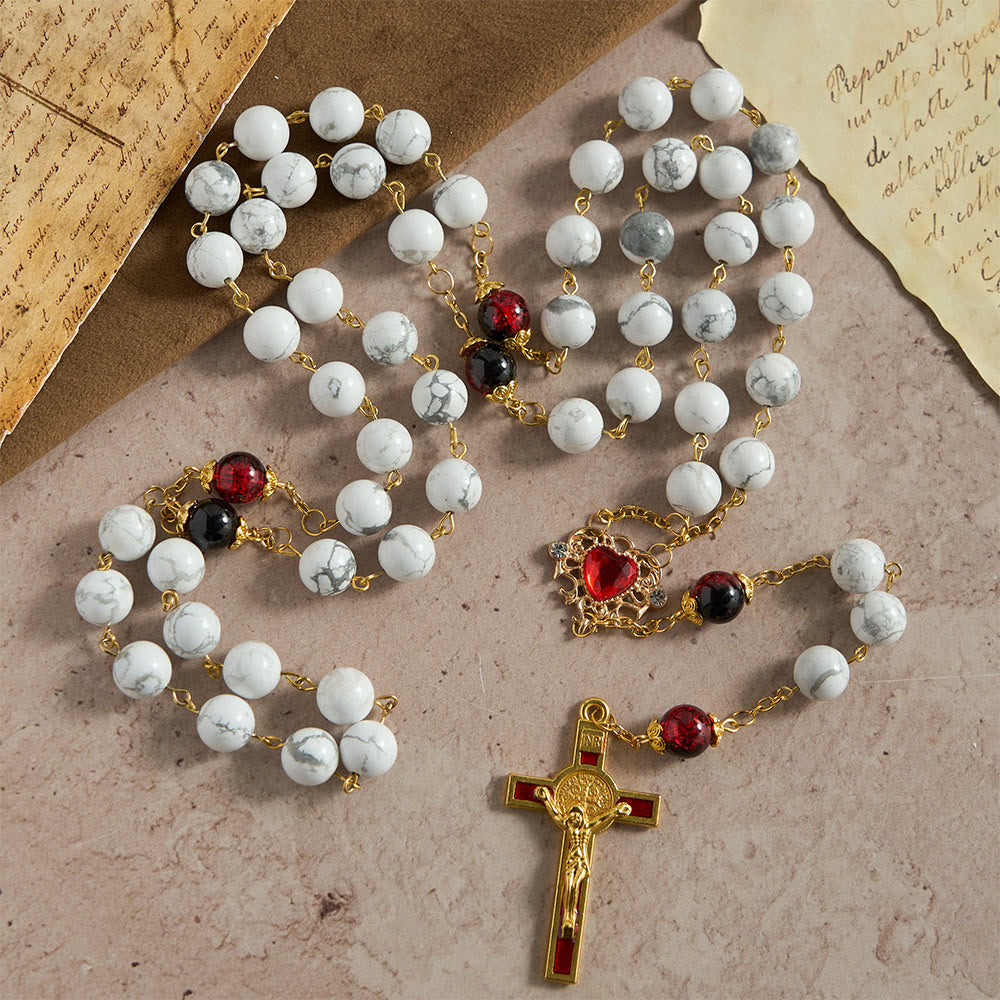 White Turquoise Rosary with Red-Black Glass Bead Accents & Sacred Heart Crucifix