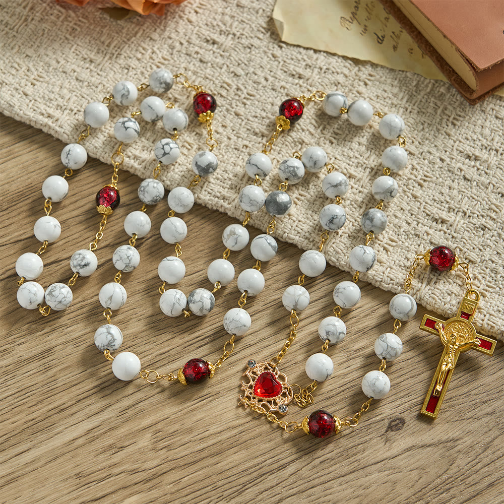 White Turquoise Rosary with Red-Black Glass Bead Accents & Sacred Heart Crucifix