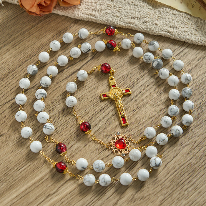 White Turquoise Rosary with Red-Black Glass Bead Accents & Sacred Heart Crucifix