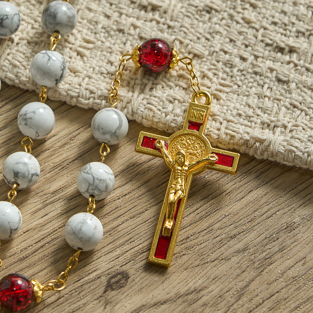 White Turquoise Rosary with Red-Black Glass Bead Accents & Sacred Heart Crucifix