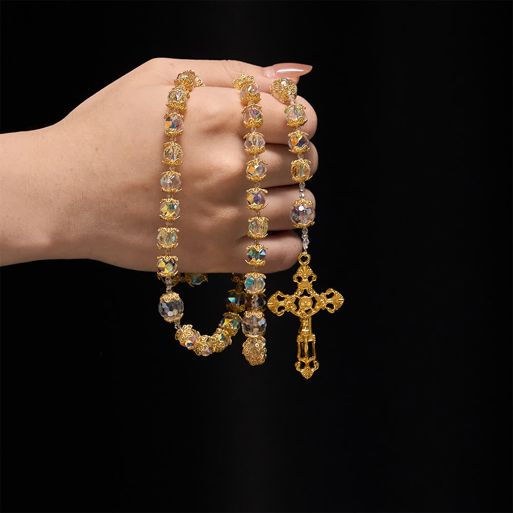 Iridescent Faceted Glass Rosary with Our Lady Medal & Golden Crucifix