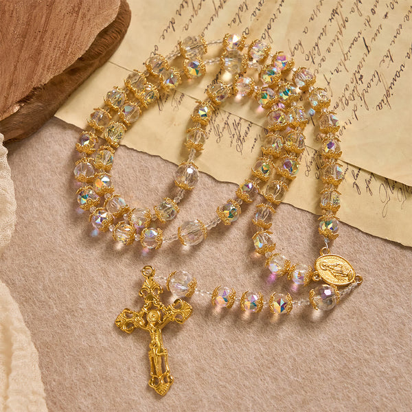Iridescent Faceted Glass Rosary with Our Lady Medal & Golden Crucifix
