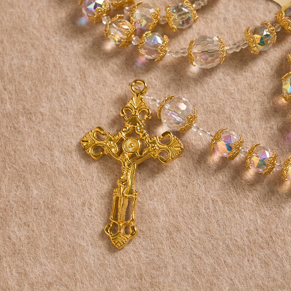 Iridescent Faceted Glass Rosary with Our Lady Medal & Golden Crucifix