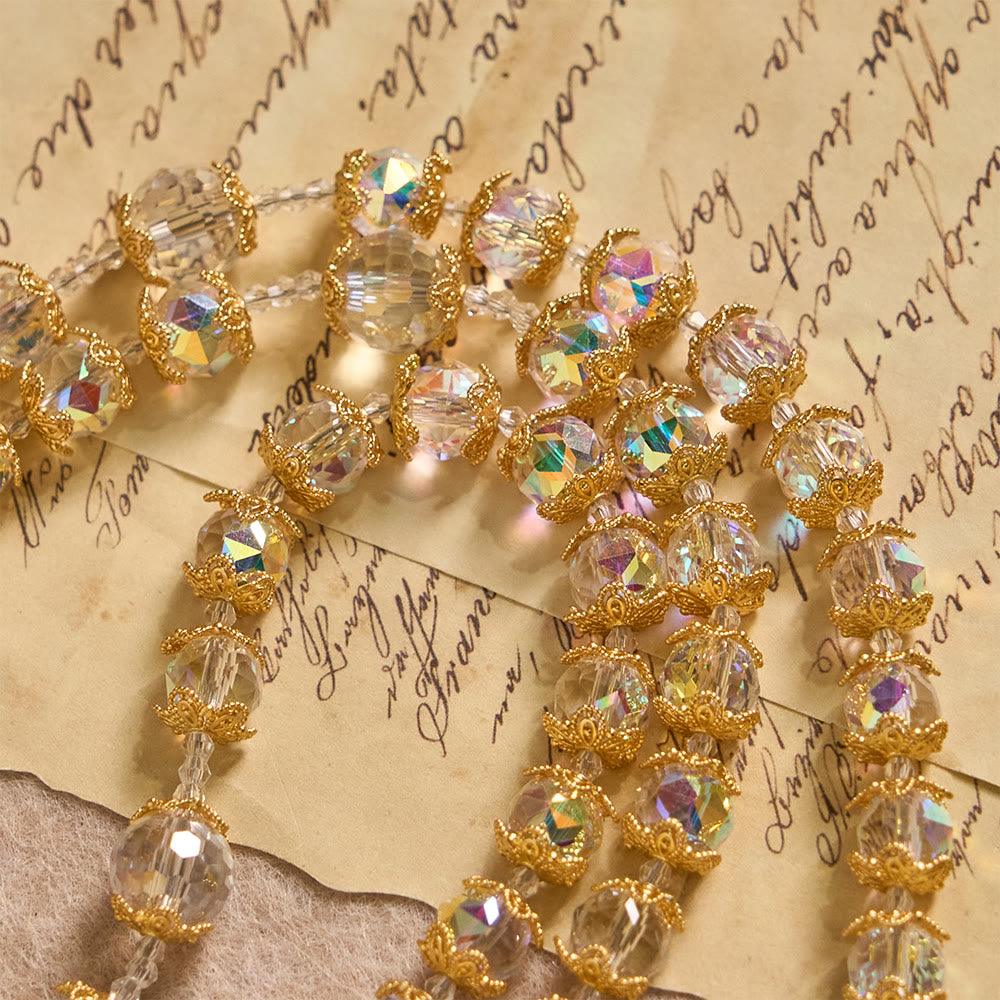 Iridescent Faceted Glass Rosary with Our Lady Medal & Golden Crucifix