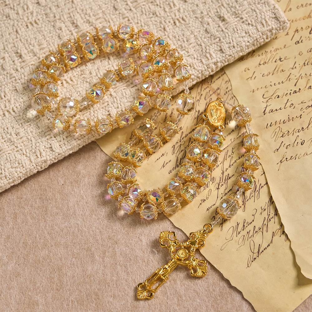 Iridescent Faceted Glass Rosary with Our Lady Medal & Golden Crucifix