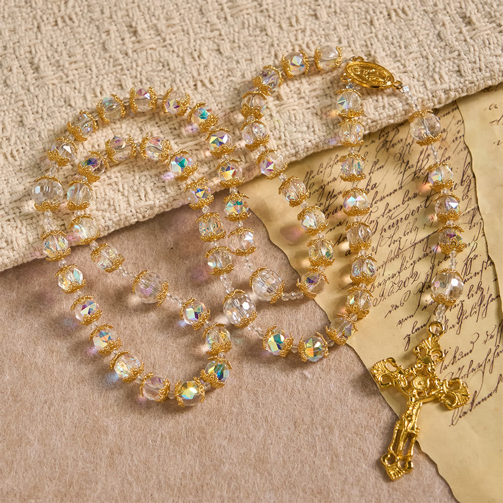 Iridescent Faceted Glass Rosary with Our Lady Medal & Golden Crucifix