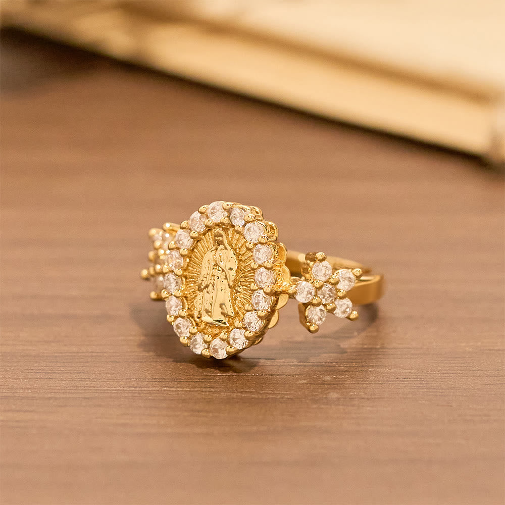 Golden Our Lady Ring with Dual Floral Accents & Zircon Halo