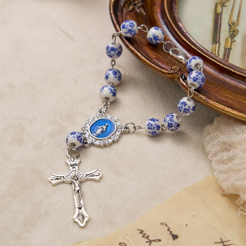 Blue Flower Ceramic Auto Rosary: A Symbol of Marian Protection for Car