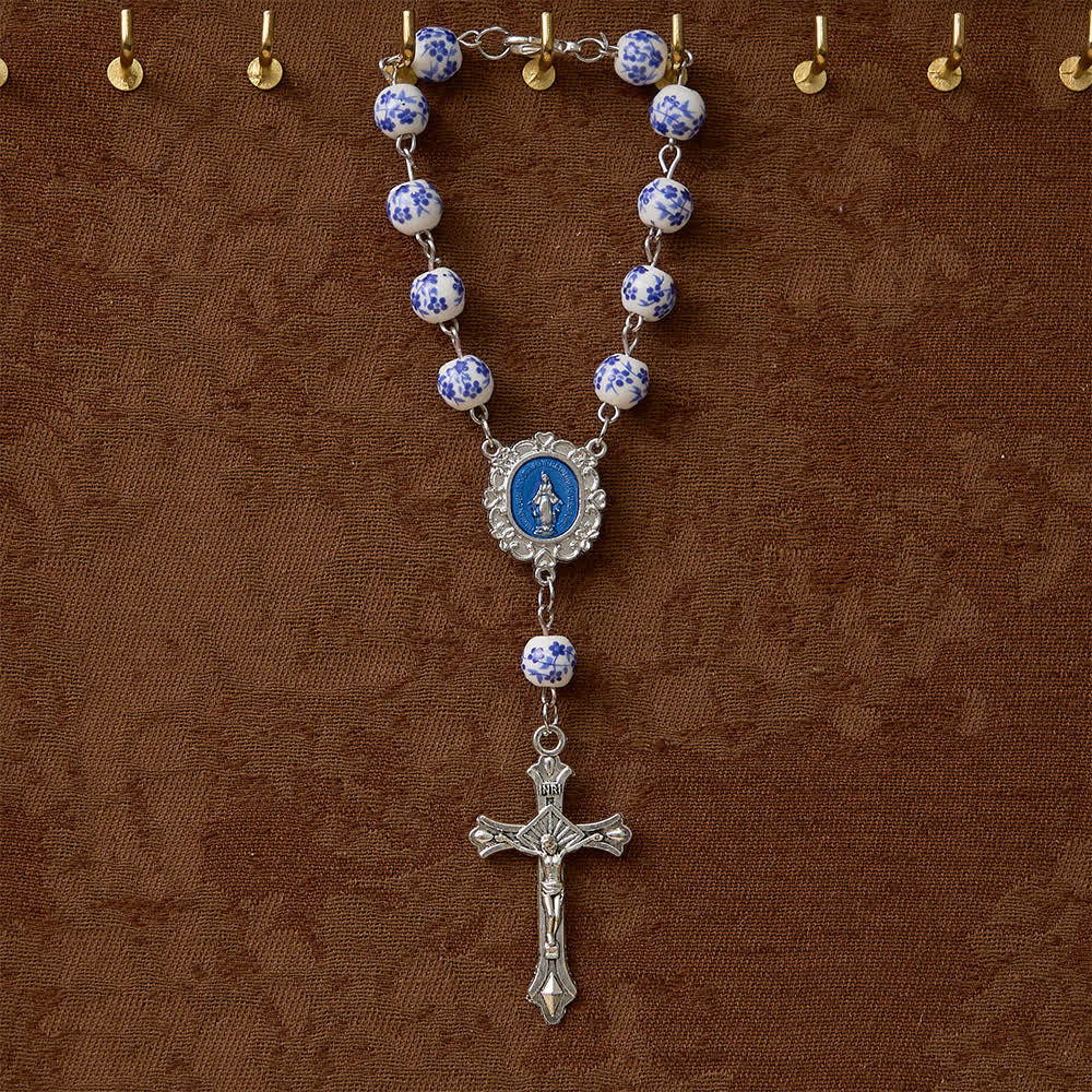 Blue Flower Ceramic Auto Rosary: A Symbol of Marian Protection for Car