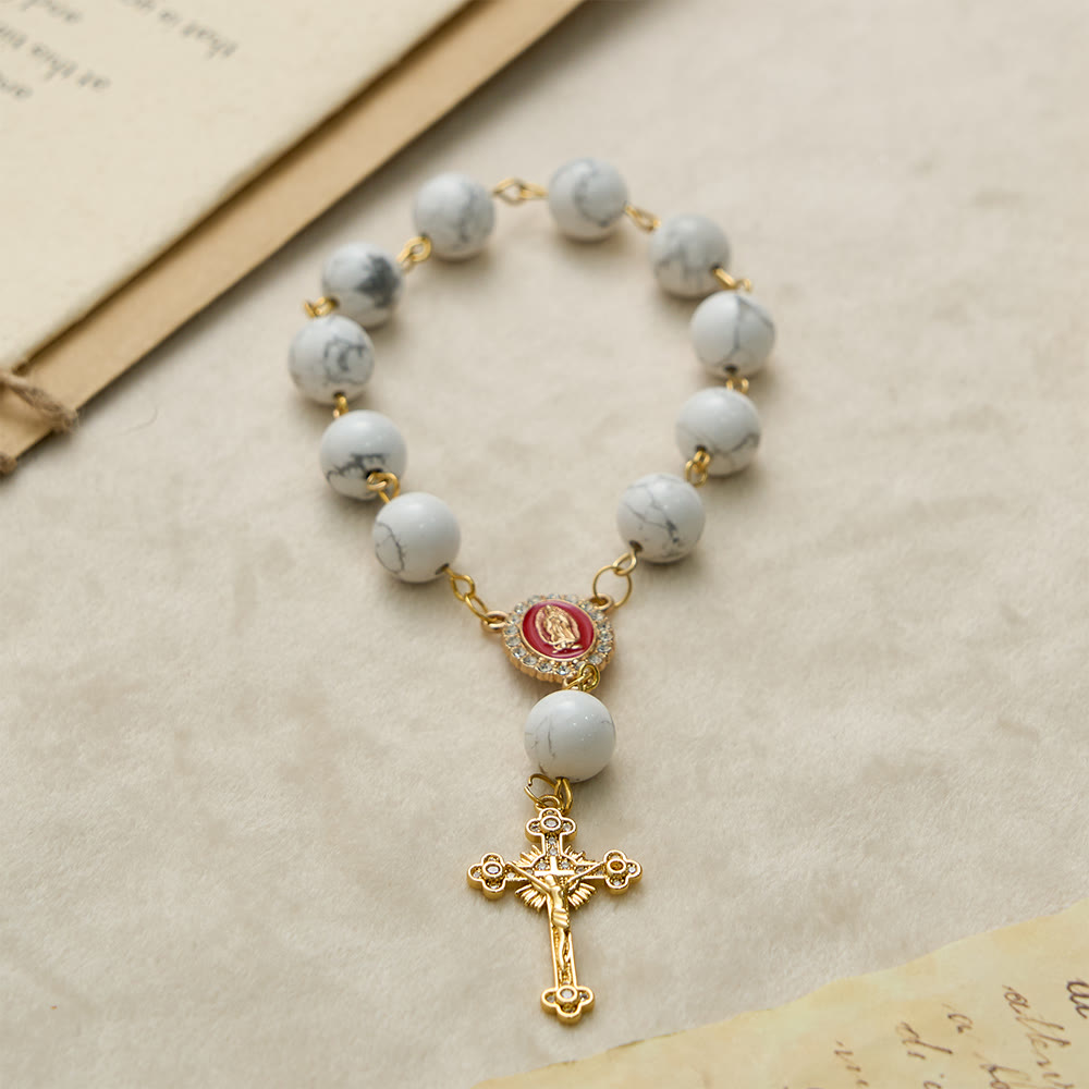Howlite Bead Pocket Rosary with Red Enamel Our Lady Medal & Golden Crucifix