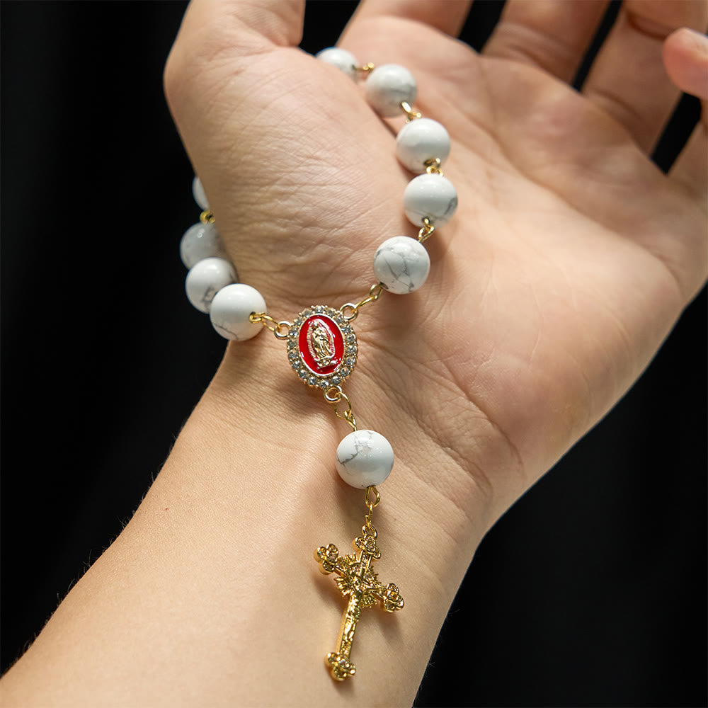 Howlite Bead Pocket Rosary with Red Enamel Our Lady Medal & Golden Crucifix
