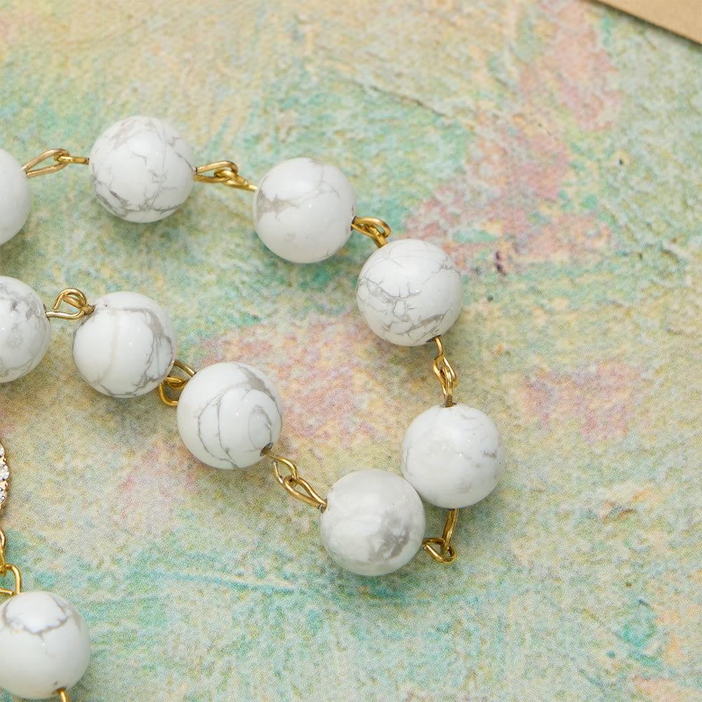 Howlite Bead Pocket Rosary with Red Enamel Our Lady Medal & Golden Crucifix