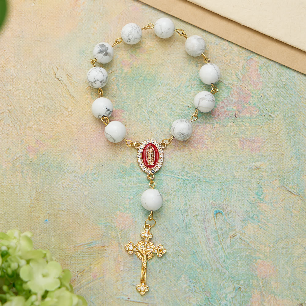 Howlite Bead Pocket Rosary with Red Enamel Our Lady Medal & Golden Crucifix