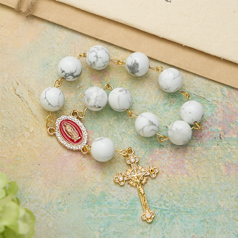 Howlite Bead Pocket Rosary with Red Enamel Our Lady Medal & Golden Crucifix
