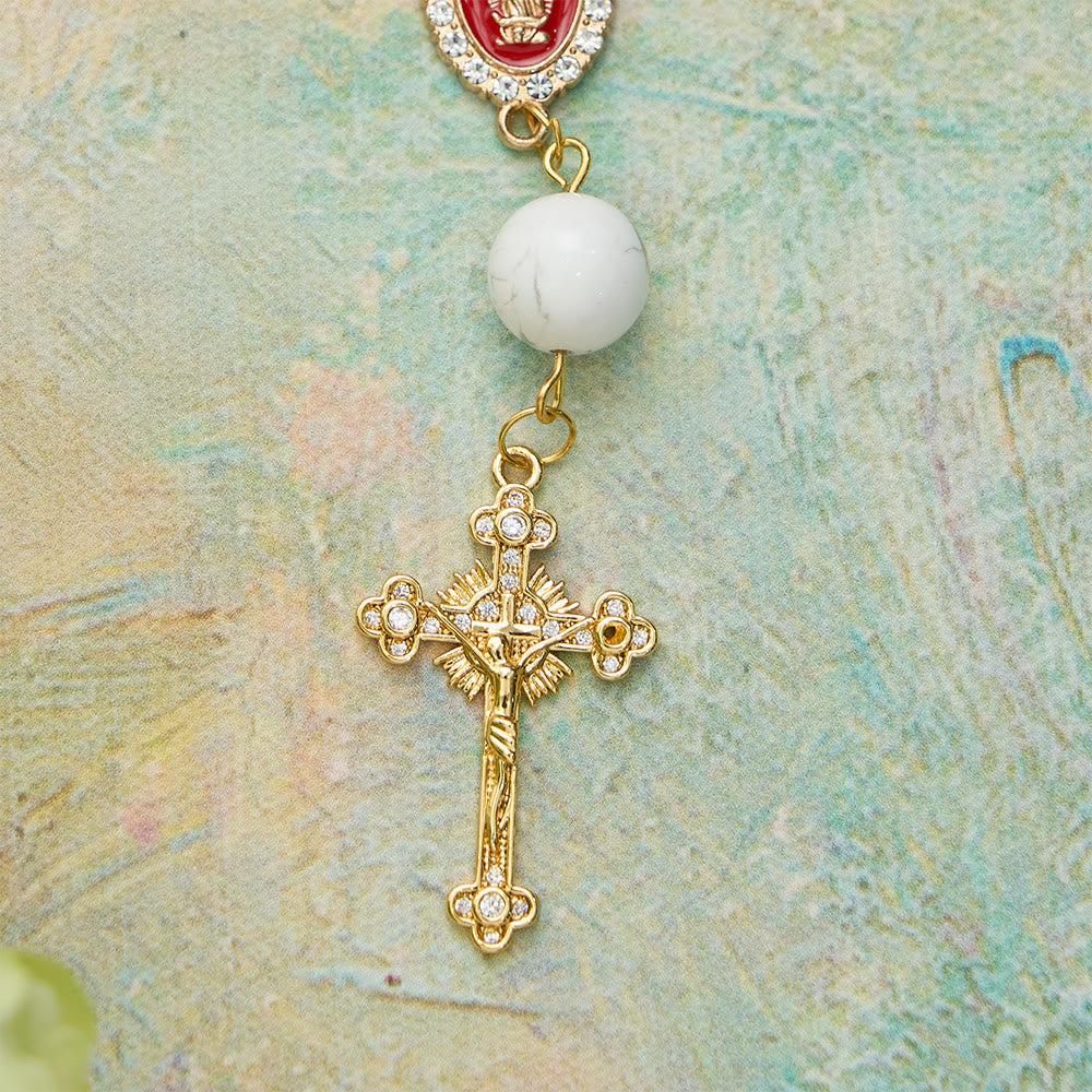 Howlite Bead Pocket Rosary with Red Enamel Our Lady Medal & Golden Crucifix