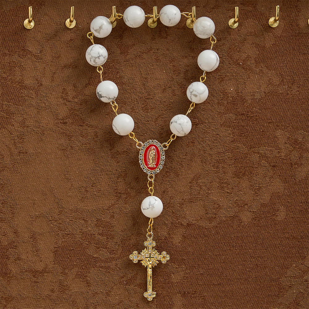 Howlite Bead Pocket Rosary with Red Enamel Our Lady Medal & Golden Crucifix