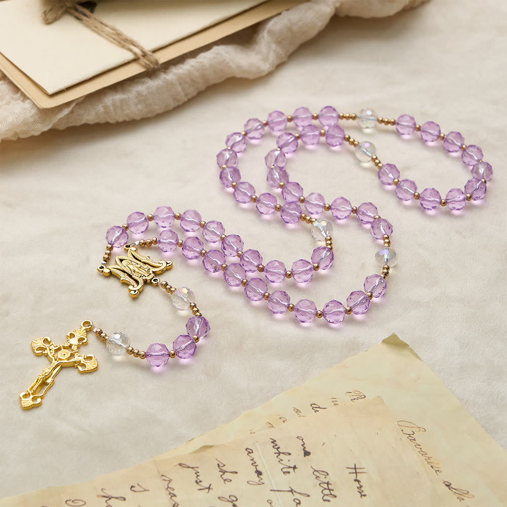 Faceted Purple Glass Rosary with Our Lady Medal: Emblem of Divine Light & Marian Grace