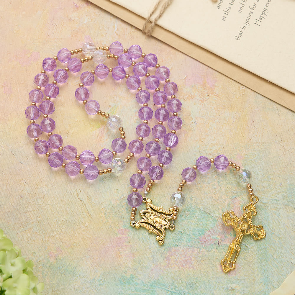 Faceted Purple Glass Rosary with Our Lady Medal: Emblem of Divine Light & Marian Grace