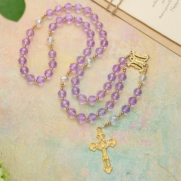 Faceted Purple Glass Rosary with Our Lady Medal: Emblem of Divine Light & Marian Grace