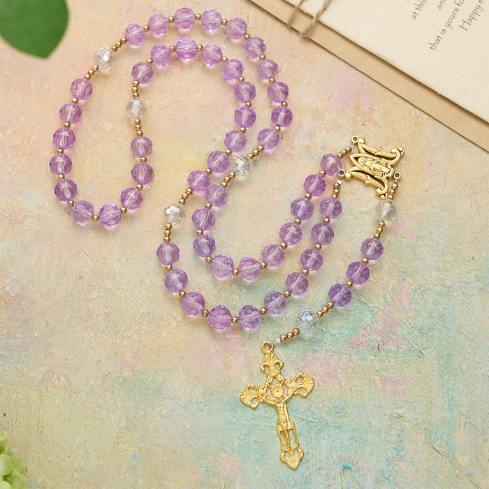 Faceted Purple Glass Rosary with Our Lady Medal: Emblem of Divine Light & Marian Grace