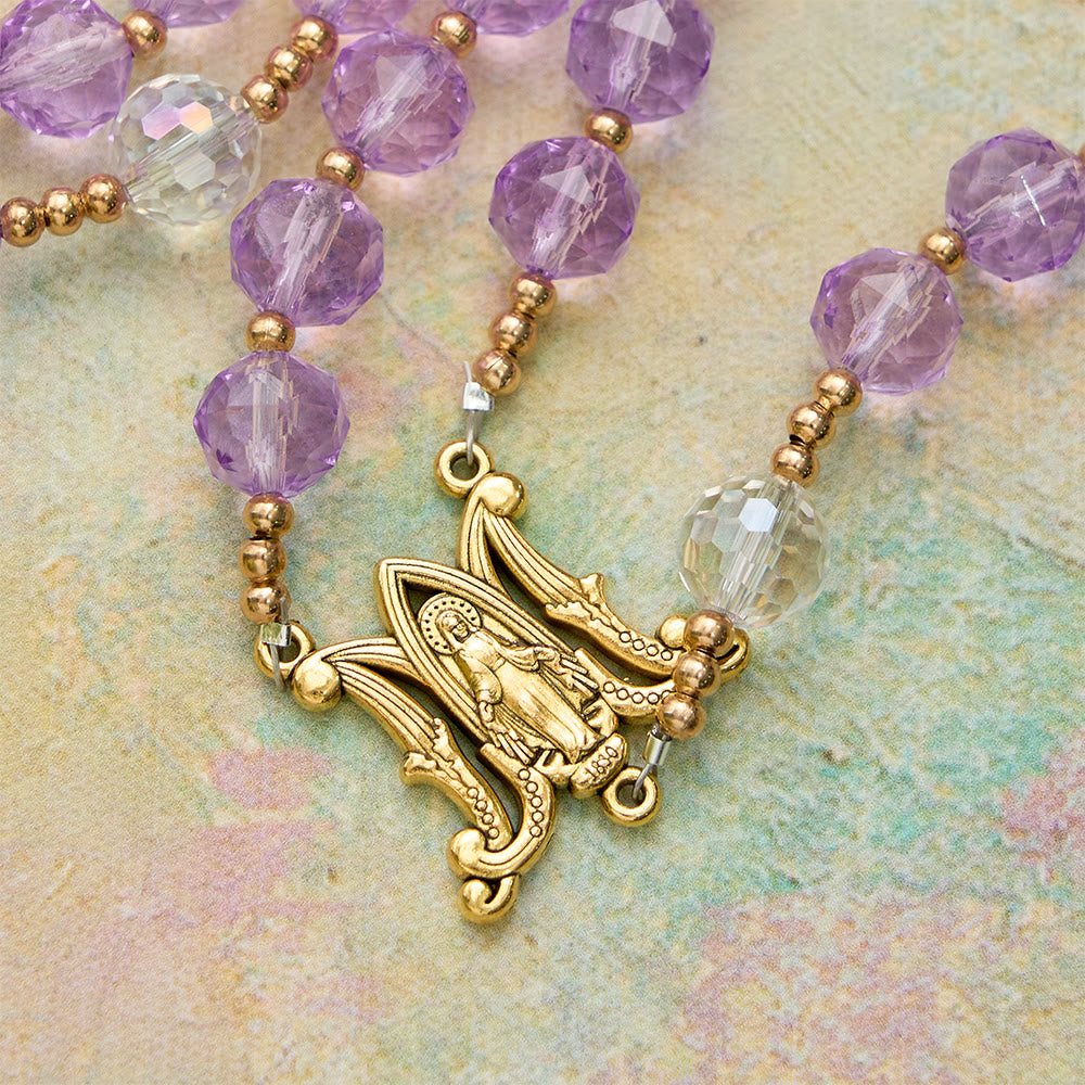 Faceted Purple Glass Rosary with Our Lady Medal: Emblem of Divine Light & Marian Grace