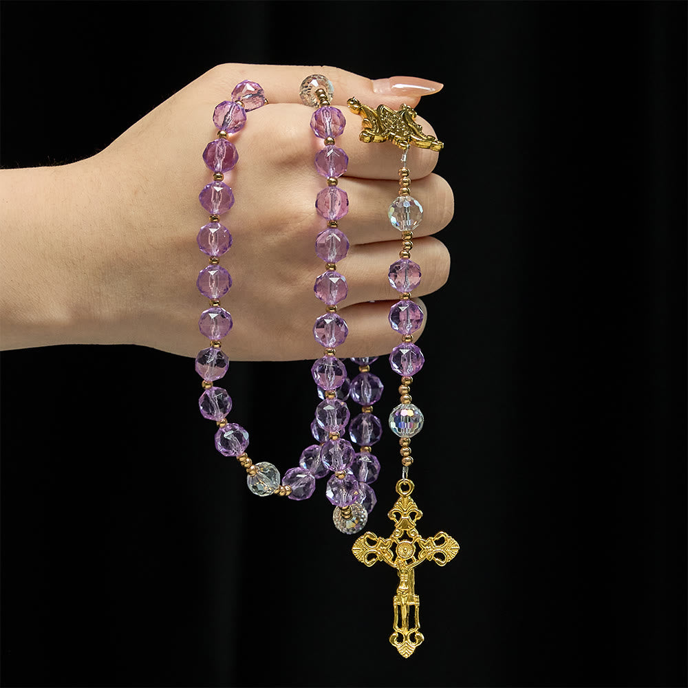 Faceted Purple Glass Rosary with Our Lady Medal: Emblem of Divine Light & Marian Grace
