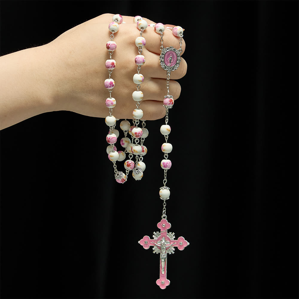 Floral Ceramic Bead Rosary with Enamel Our Lady Medal & Pink Crucifix