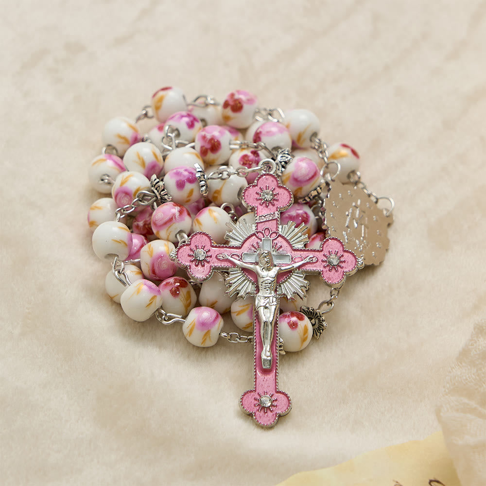 Floral Ceramic Bead Rosary with Enamel Our Lady Medal & Pink Crucifix