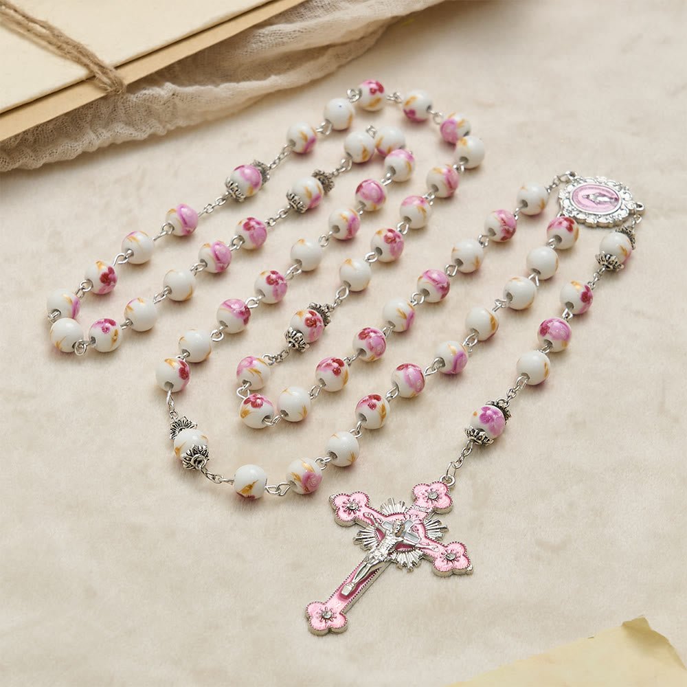 Floral Ceramic Bead Rosary with Enamel Our Lady Medal & Pink Crucifix